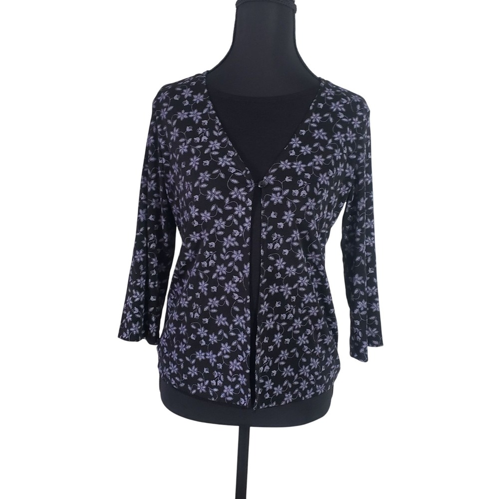 Vintage 90s Notations Floral Mock Layer Top‎ Black Purple 3/4 Sleeve Y2K Fairy
